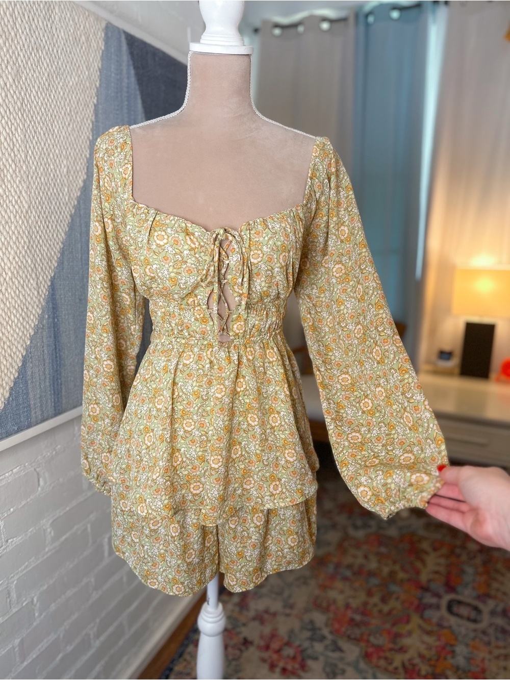 LUSH Green and Orange Floral Lace Up Cut Out Romper